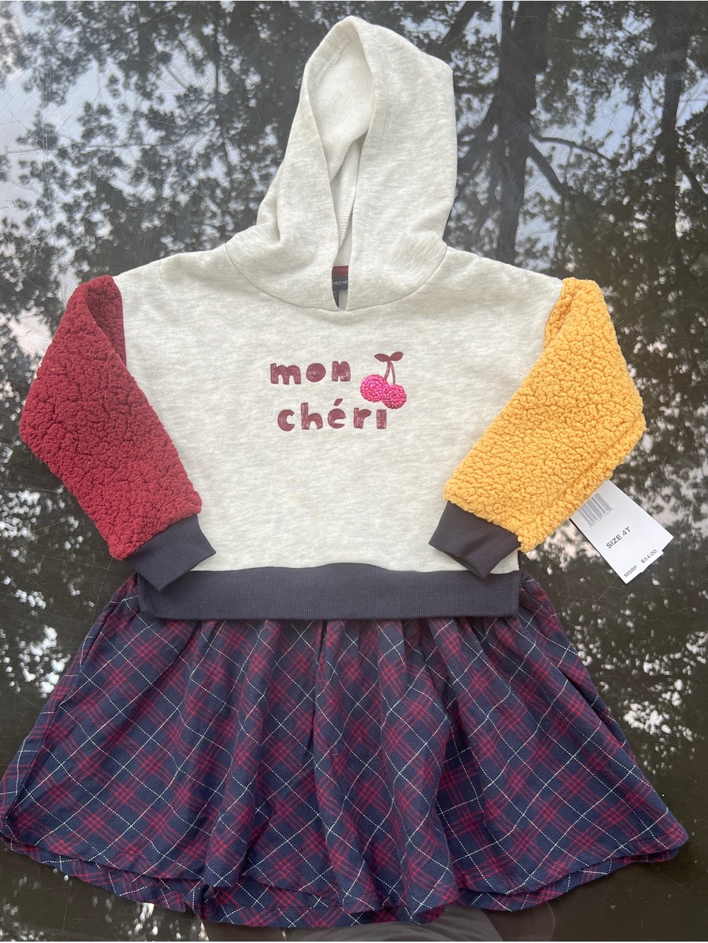 French Connection Mon Chéri Cherry Hoodie Dress with Mixed Color Sherpa Sleeves